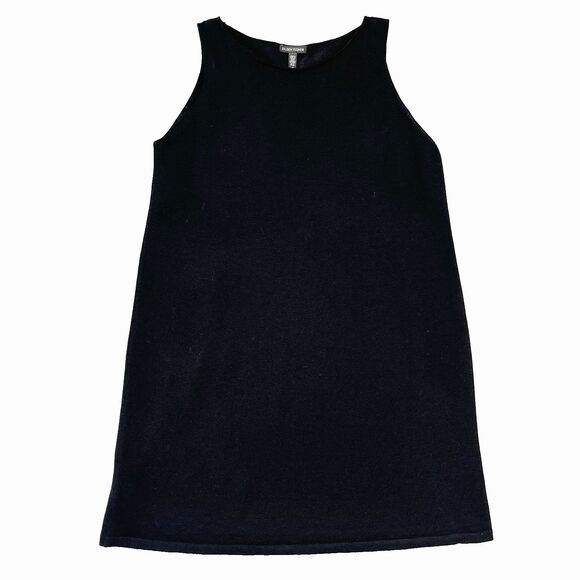 Eileen Fisher Minimalist Black Italian Wool Sleeveless Crew Neck Shift Dress L - Picture 1 of 8
